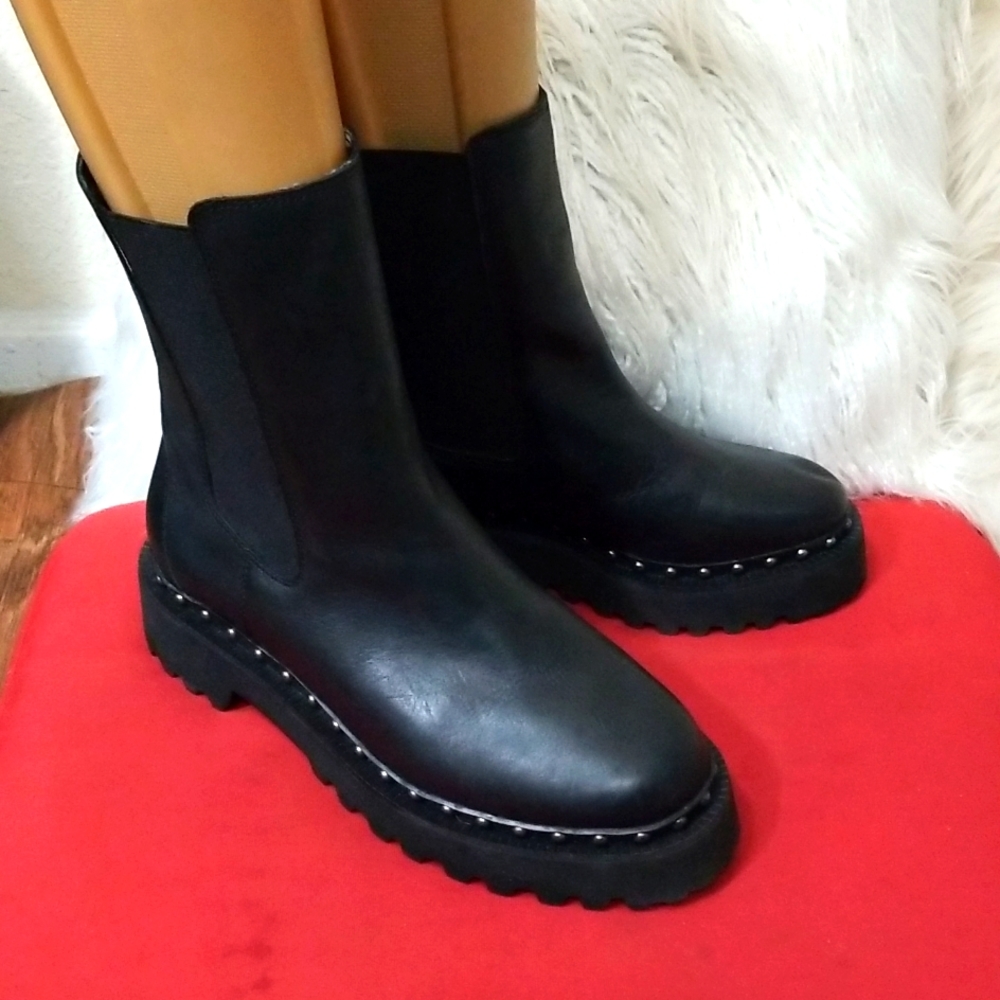 Vince Camuto Black Leather Chelsea Ankle Boots with Studded Platform